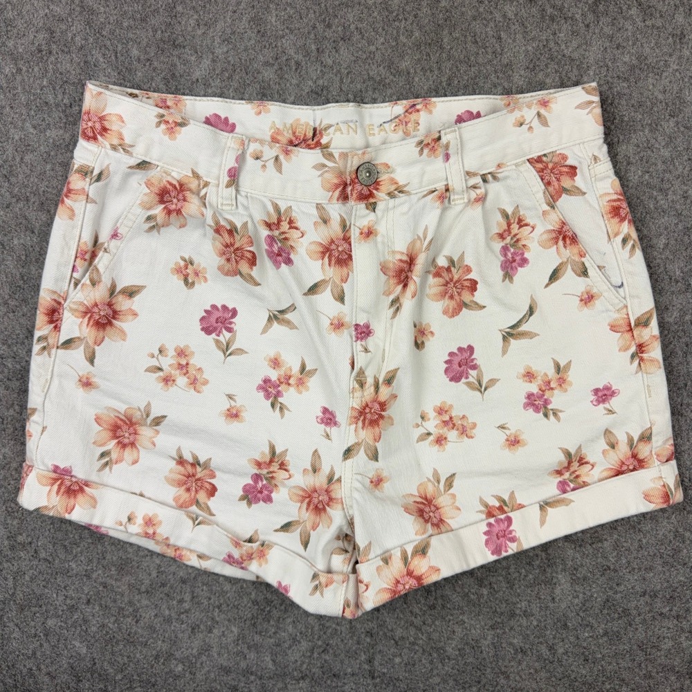 American Eagle Mom Shorts Womens 8 White Floral Denim High Rise Cuffed Y2K Boho